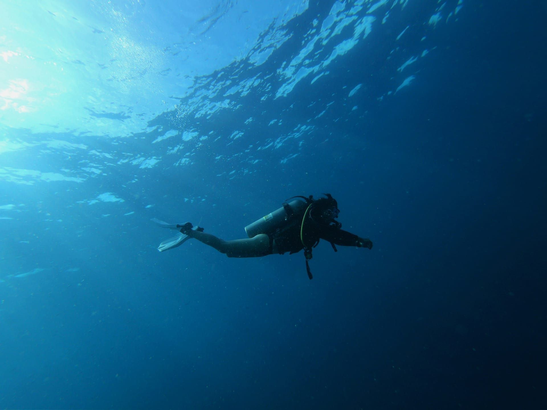 A diver gliding through blue water under shafts of sunlight
